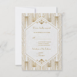 Cartão RSVP Excelente Gatsby Art Deco Casamento Branco Dourado