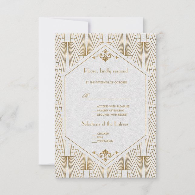 Cartão RSVP Excelente Gatsby Art Deco Casamento Branco Dourado (Frente)