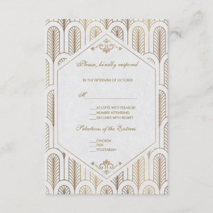 Cartão RSVP Excelente Gatsby Art Deco Casamento Branco Dourado
