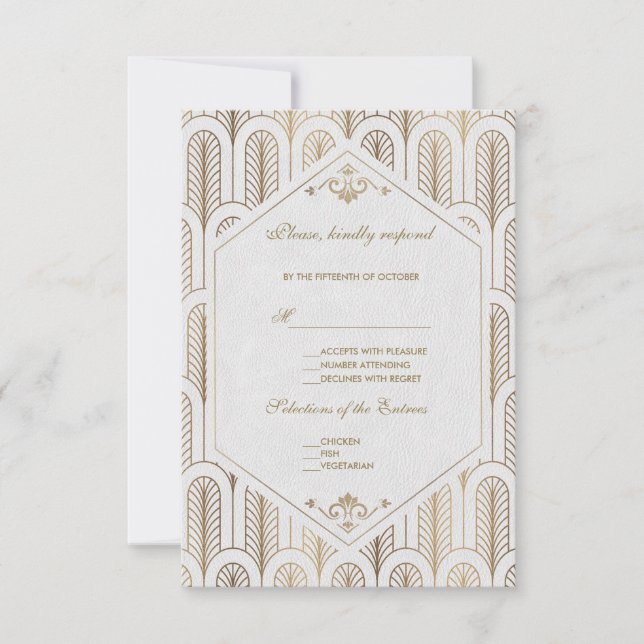 Cartão RSVP Excelente Gatsby Art Deco Casamento Branco Dourado (Frente)