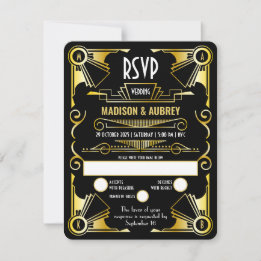 Cartão RSVP Excelente Gatsby Art Deco Casamento Opulento Doura
