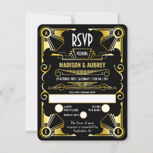 Cartão RSVP Excelente Gatsby Art Deco Casamento Opulento Doura