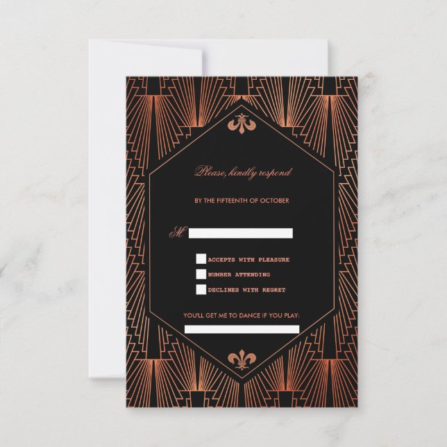 Cartão RSVP Excelente Gatsby Copper Art Deco Song Casamento (Frente)