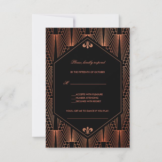 Cartão RSVP Excelente Gatsby Copper Art Deco Song Casamento (Frente)