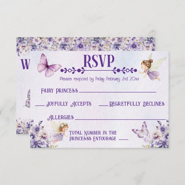 Cartão RSVP Fada Roxa Aquarela Aniversário Floral (Frente/Verso)