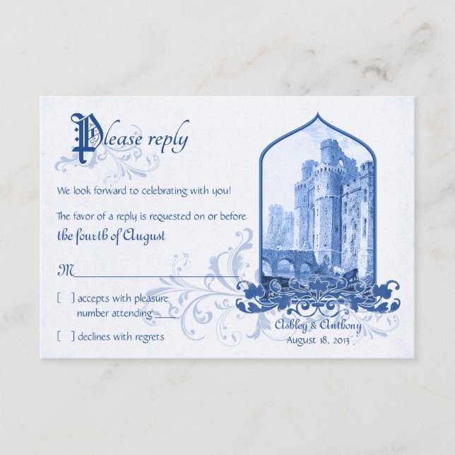 Cartão RSVP Fairytale Royal Blue Castle Uma Vez Em Casamento R (Frente)