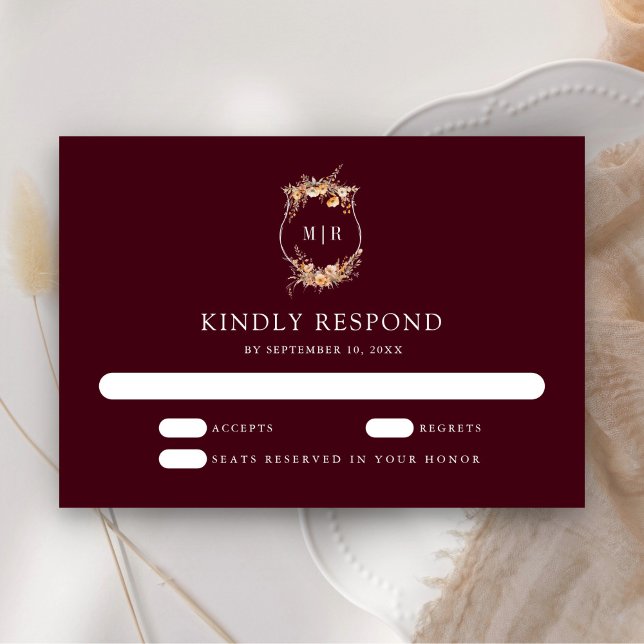 Cartão RSVP Fall Autumn Wildflower Crest Burgundy Casamento (Criador carregado)