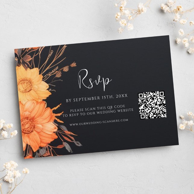 Cartão RSVP Fall Fall QR Code Black Weding (Floral Fall QR Code Black Wedding RSVP Card)