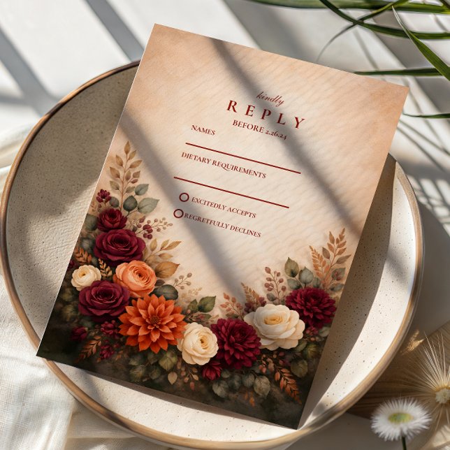 Cartão RSVP Fall Floral Romance Wedding (Criador carregado)