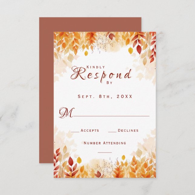 Cartão RSVP Fall Rustic Deixa Um Casamento De Aquarela Elegant (Frente/Verso)