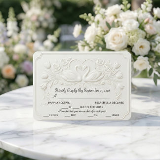 Cartão RSVP Falsos Cisnes Embutidos Coração Floral Scroll