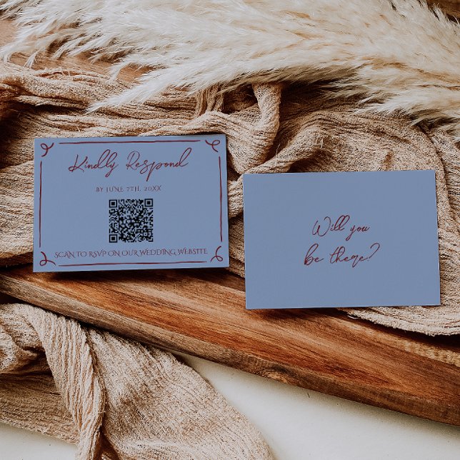 Cartão RSVP Fancy Deep Red Blue Frame Whimsy Wedding QR Code (Criador carregado)