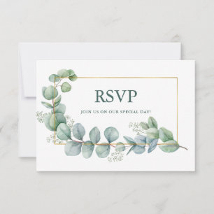 Cartão RSVP Farinha De Casamento Dourado Verde Eucalyptus