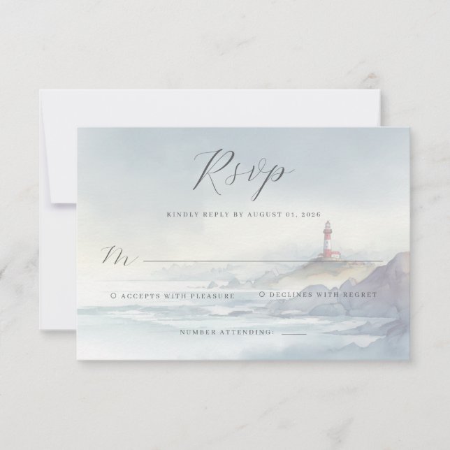 Cartão RSVP Farol de Aquarela Azul Tranquilo (Frente)