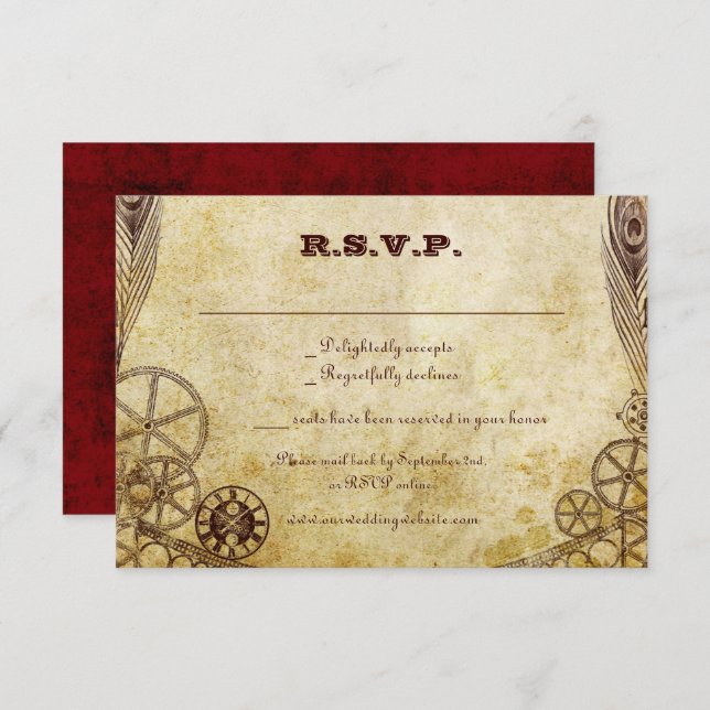 Cartão RSVP Faux Antique Dourado Casamento Vitoriano Steampunk (Frente/Verso)