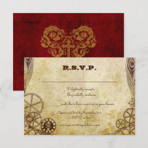 Cartão RSVP Faux Antique Dourado Casamento Vitoriano Steampunk