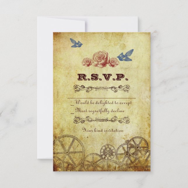 Cartão RSVP Faux Antique Dourado Casamento Vitoriano Steampunk (Frente)