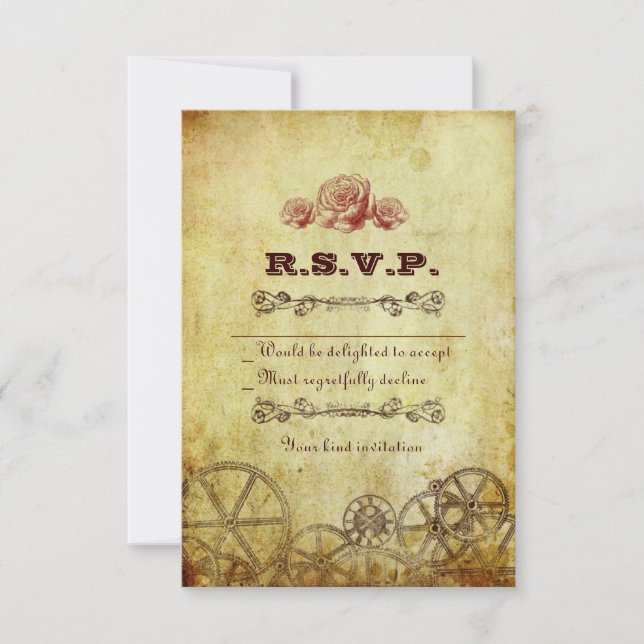 Cartão RSVP Faux Antique Dourado Casamento Vitoriano Steampunk (Frente)