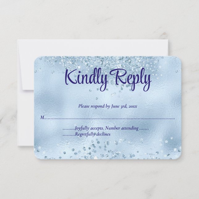 Cartão RSVP Faux Baby Blue Glitter & Foil Weds Elegante (Frente)