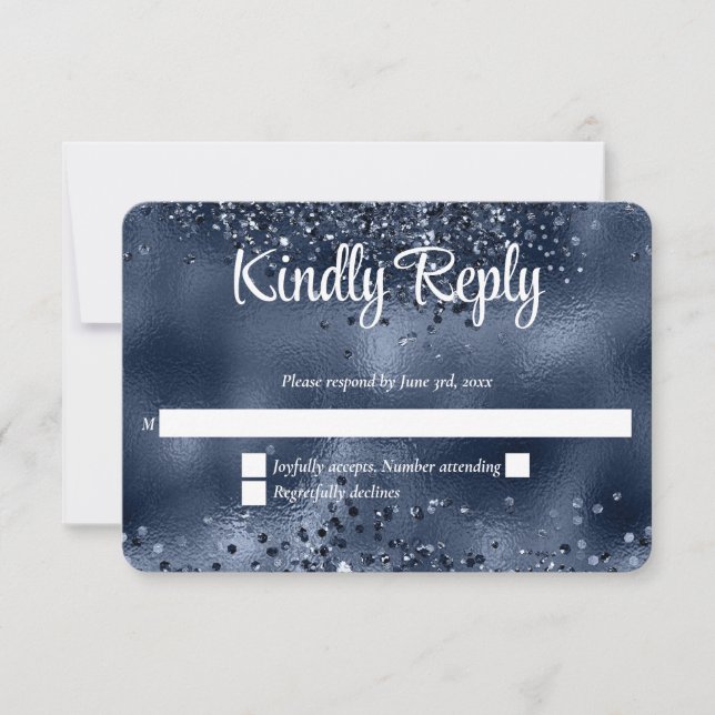 Cartão RSVP Faux Dark Blue Glitter & Foil Weding (Frente)