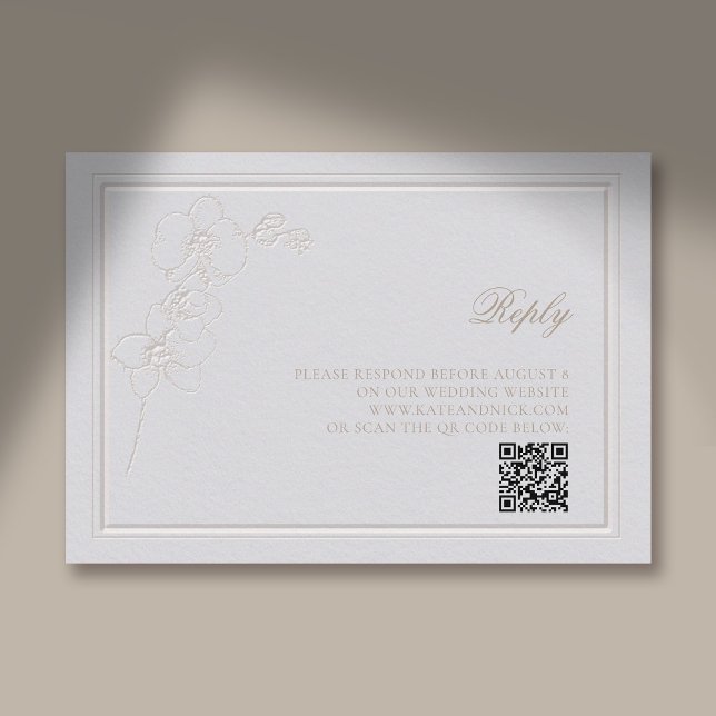 Cartão RSVP Faux Embossed Orchid Frame Ivory Responder Casamen (traditional wedding response card qr rsvp reply orchid faux embossed elegant classic)