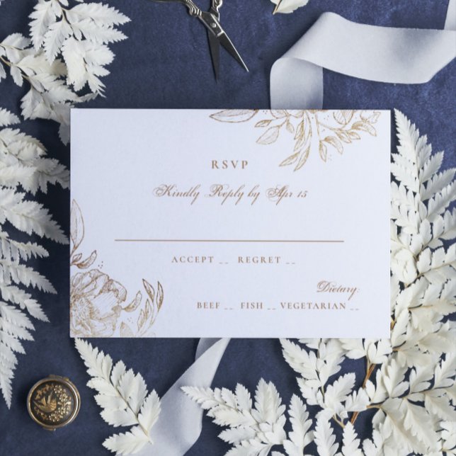 Cartão RSVP Faux Gold Foil Floral Drawn Casamento Elegante Des (Criador carregado)