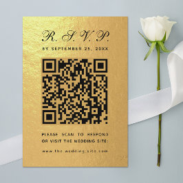 Cartão RSVP Faux Gold Foil QR Code Black Script Luxury Casamen