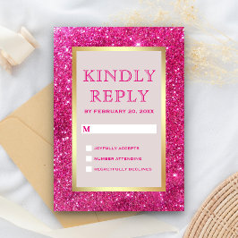 Cartão RSVP Faux Gold Foil Rosa Brilhante Casamento Glitter