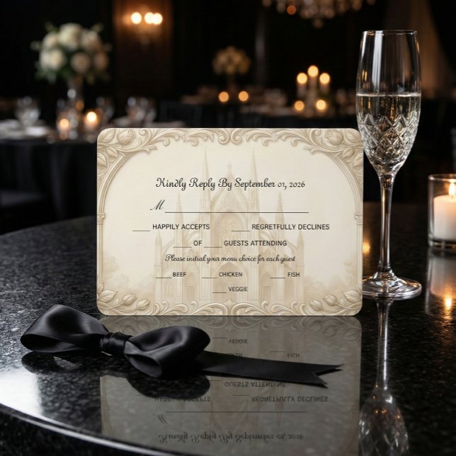 Cartão RSVP Faux Relief Stone Cathedral Sketch Formal (Criador carregado)