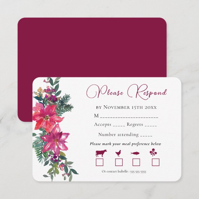 Cartão RSVP Feliz Casamento de Natal, Pink Floral (Frente/Verso)