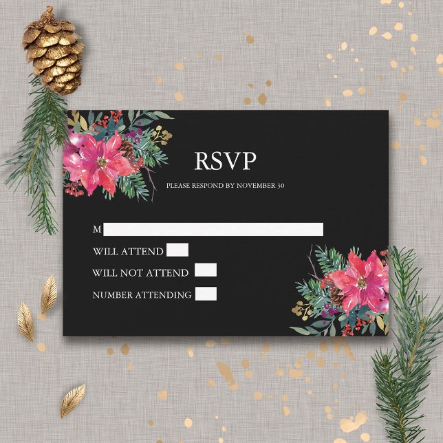 Cartão RSVP Feriado de inverno Poinsettia de Aquarela (Criador carregado)