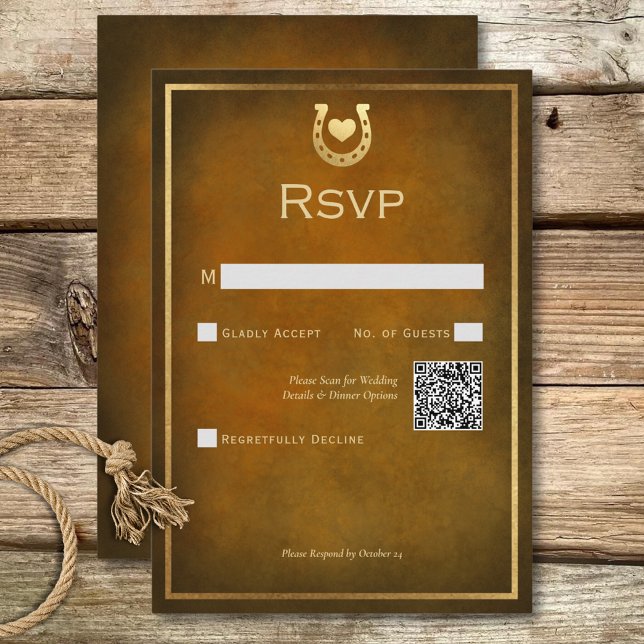 Cartão RSVP Ferradura russa ocidental Castanho e código QR Dou (Western Rustic Horseshoe Brown & Gold QR Code RSVP Card)