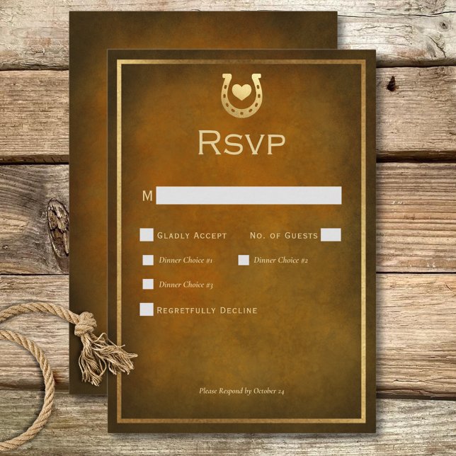 Cartão RSVP Ferradura russa ocidental Castanho e Janto Dourado (Western Rustic Horseshoe Brown & Gold Dinner RSVP Card)