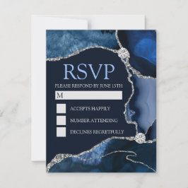 Cartão RSVP Festa de Aniversário em Ágata Azul Marinho e Brilh