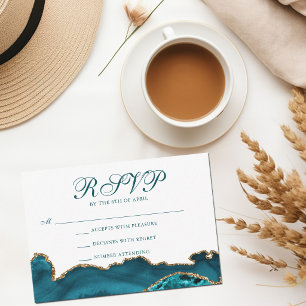 Cartão RSVP Festa de Bat Mitzvah Chic Teal Gold Agate
