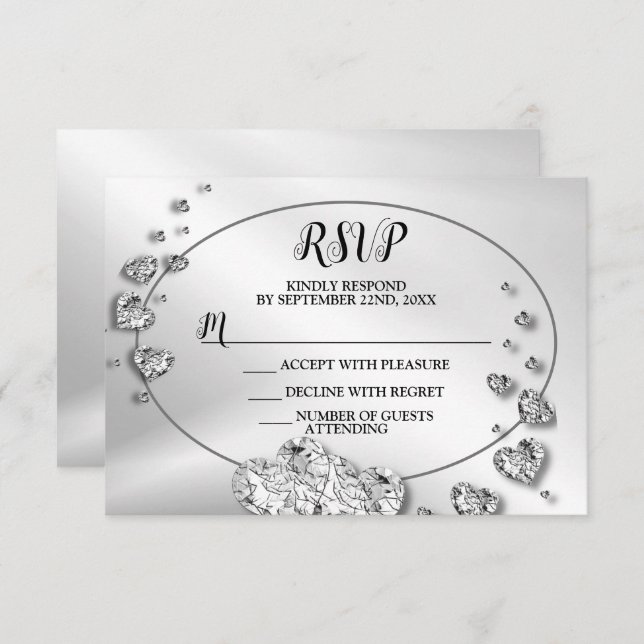 Cartão RSVP Festa de casamento Silver Shiny Hearts Geométrico (Frente/Verso)