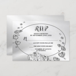 Cartão RSVP Festa de casamento Silver Shiny Hearts Geométrico