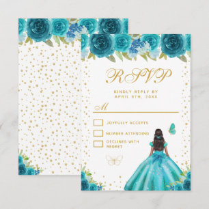 Cartão RSVP Festa de Debutante Princesa de Pele Morena com Flo