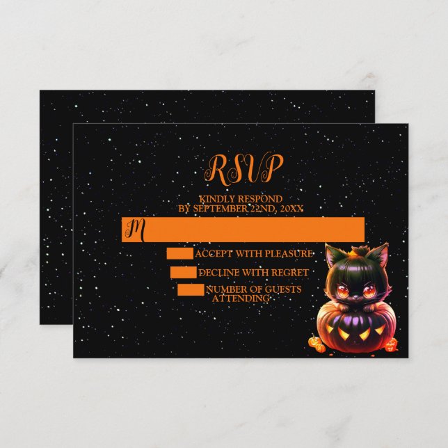 Cartão RSVP Festa de Halloween Black Cat Pumpkin Horror Assust (Frente/Verso)