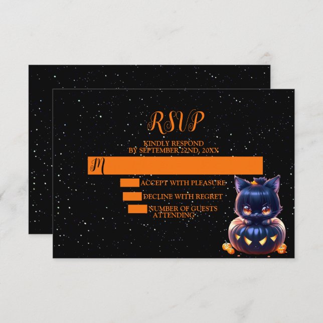 Cartão RSVP Festa de Halloween Black Cat Pumpkin Horror Assust (Frente/Verso)