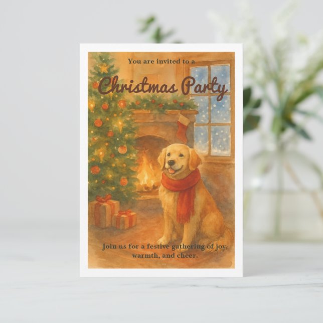 Cartão RSVP Festa de Natal Convidam Cena de Cachorro Cozy (Em pé/Frente)