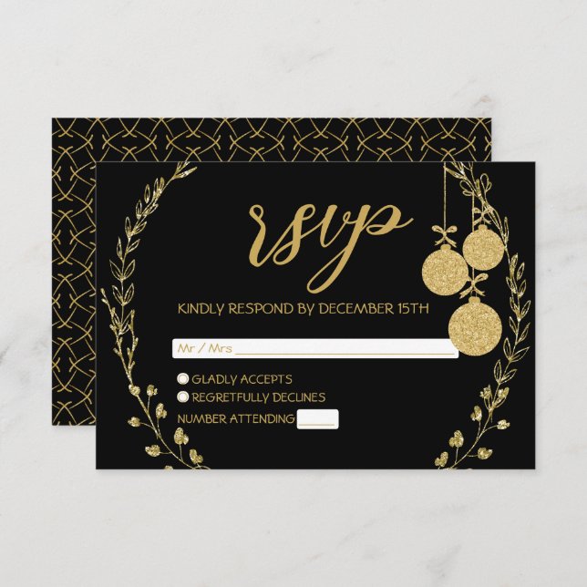 Cartão RSVP Festa de Natal Elegante Black Dourado Wreath (Frente/Verso)