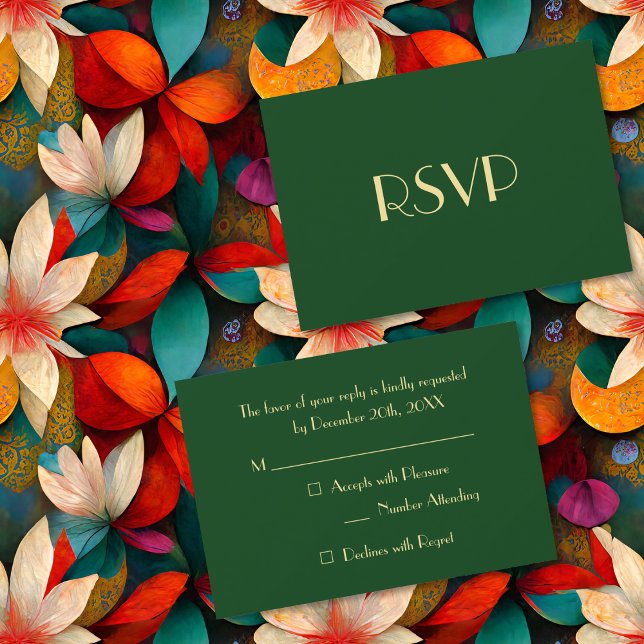 Cartão RSVP Festa de Natal Elegante Moderna e Dourada Verde (Modern Elegant Christmas Holiday Party Gold Green RSVP Card)