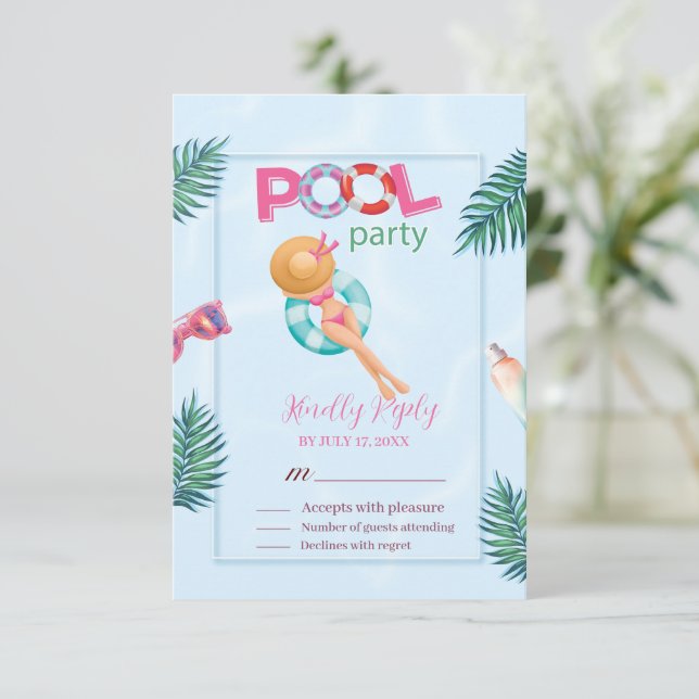 Cartão RSVP Festa de Piscina de Verão Divertida Aquarela 16 (Em pé/Frente)