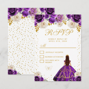 Cartão RSVP Festa de Quince Anos Princesa Floral Roxa