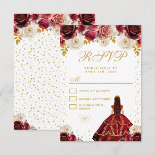 Cartão RSVP Festa de Quinze Anos Princesa Floral Vermelha