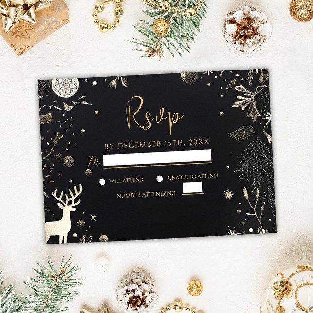 Cartão RSVP Festa Dourada Festiva Negra do Partido do Natal Mo (Modern Christmas Party Black Gold Festive Holiday RSVP Card)