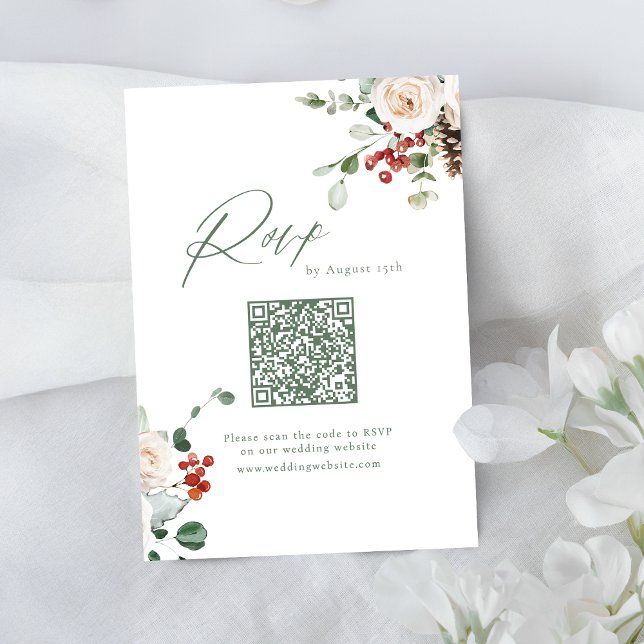Cartão RSVP Festive Floral Holiday Winter Wedding QR code (Festive Floral Holiday Winter Wedding QR code RSVP Card)