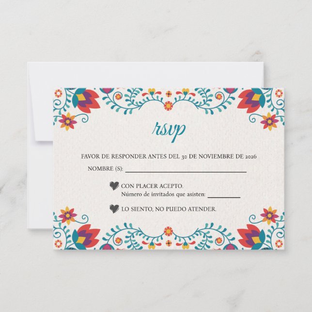 Cartão RSVP Fiesta Colorful Botanical Floral Spanish Wedding (Frente)