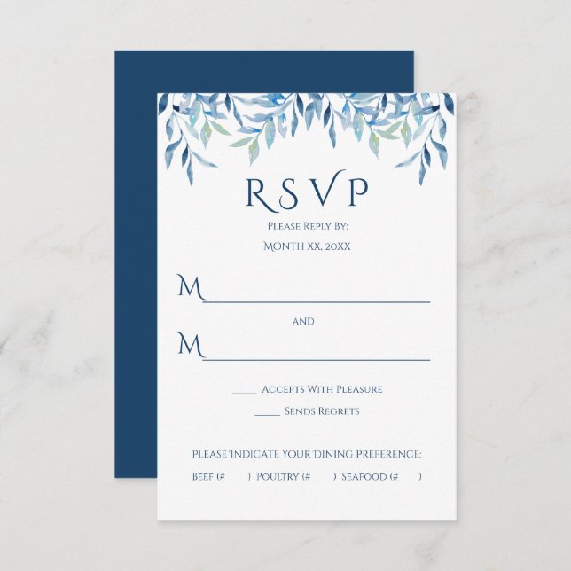 Cartão RSVP Filiais Selvagens Azuis, Casamento por Aquarela (Frente/Verso)